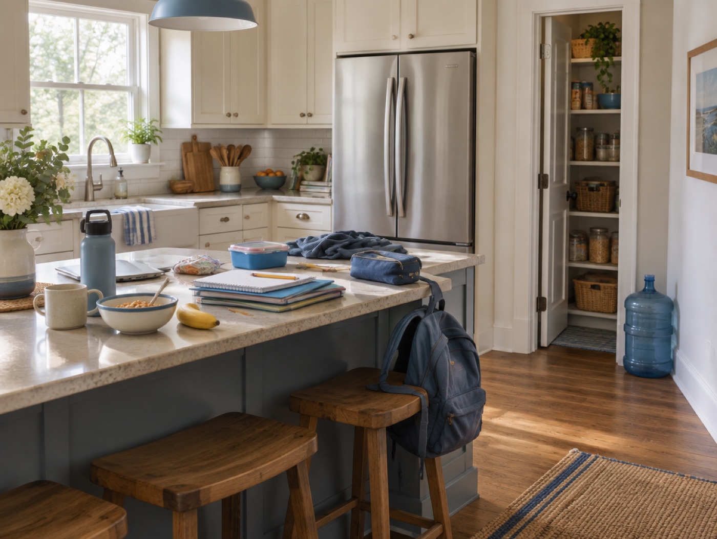 A family kitchen on a school morning