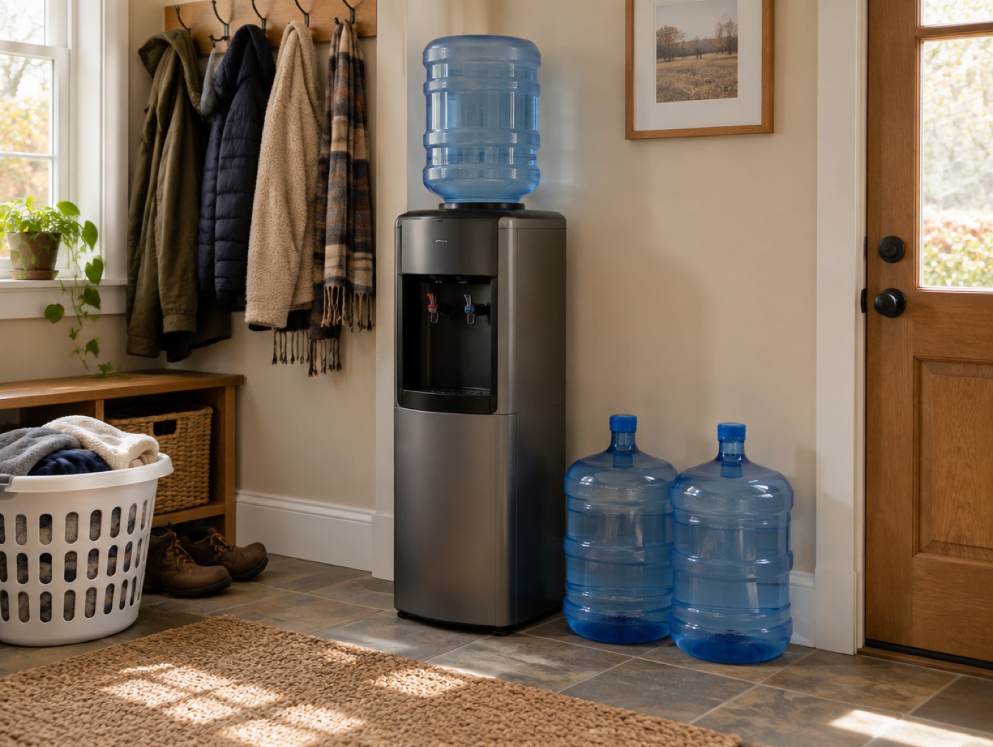 A cooler and spare bottles in a utility corner